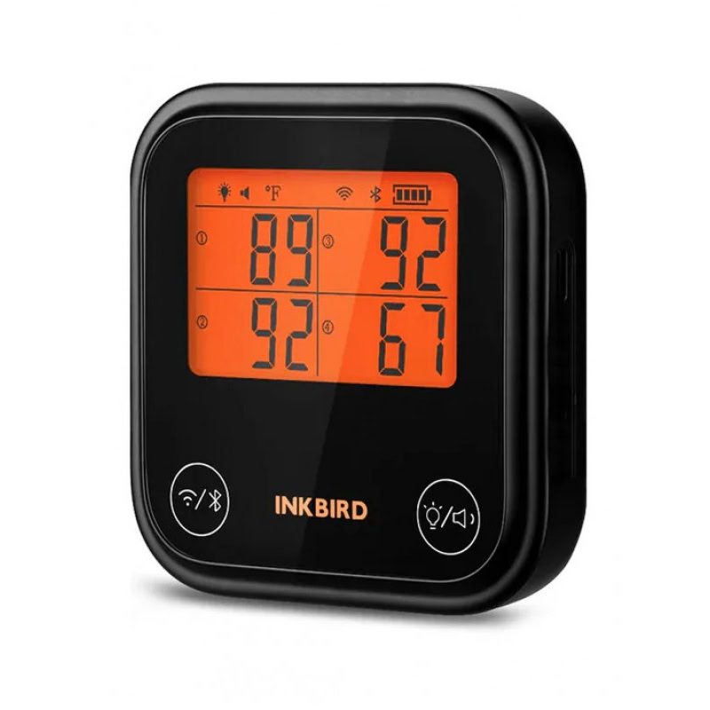 INKBIRD מד חום 4 פרובים WIFI/BLUETOOTH (דגם חדש) בצבע שחור עם תצוגה כתומה מציג את הטמפרטורה והלחות, ומאפשר ניטור מרחוק באמצעות WIFI.
