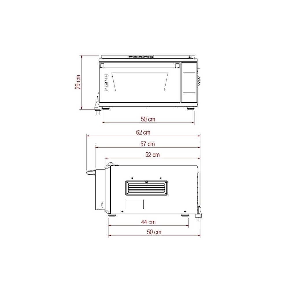שרטוט טכני של תנור פיצה חשמלי חזק במיוחד EFFEUNO P134H 509E עם מידות מסומנות: גובה 29 ס"מ, רוחב 62 ס"מ, עומק 50 ס"מ, בתוספת מידות פנימיות וחיצוניות נוספות.