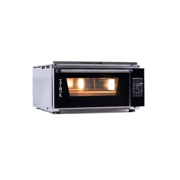 EFFEUNO P134H 509E הוא תנור פיצה חשמלי חזק מנירוסטה, עם לוח בקרה דיגיטלי ותאורה פנימית, המוצג מהחזית.