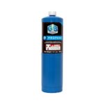 מיכל גלילי כחול מיכל גז פרופאן 14.1oz עם תווית המציגה את המותג "GB", סמלי אזהרה ומשקל של 14.1 אונקיות (400 גרם).
