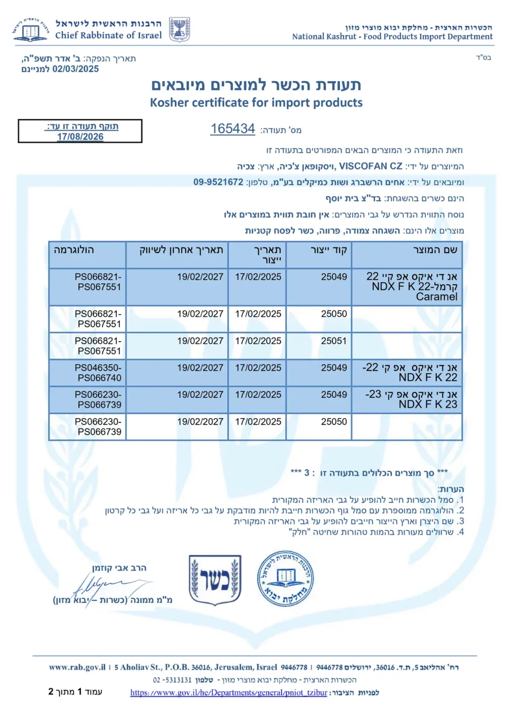 תעודת כשרות לשרוול קולגן למילוי נקניקיות במגוון גדלים - כשר בד"ץ בית יוסף, שהונפקה על ידי הרבנות הראשית לישראל, בתוקף עד 17/08/2026.