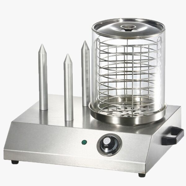 מכונת נקניקיות מקצועית 10 רולים, ספינת קיטור נקניקיות מנירוסטה עם שלושה מחזיקי דוקרנים ומכסה זכוכית, מיועדת לחימום לחמניות ונקניקיות. הוא כולל כפתור בקרת טמפרטורה.