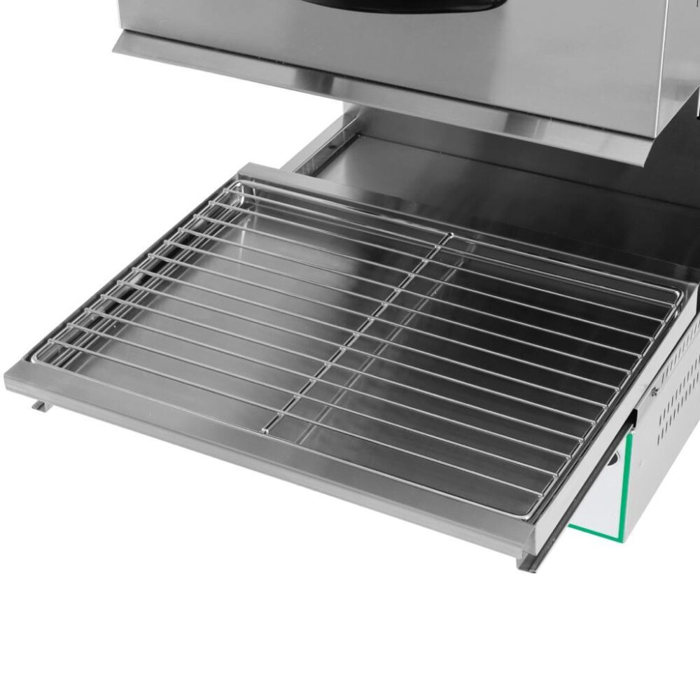 תנור נירוסטה עם מתלה גריל פתוח ומגש נשלף, המציג חלק ממכשיר מודרני למטבח.