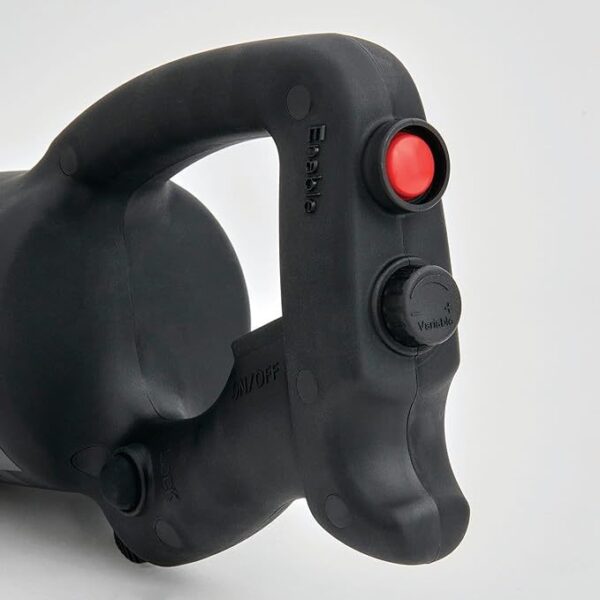 תקריב של הידית השחורה עם הכפתור האדום, החוגה העגולה "Variable" ומתג ההפעלה/כיבוי בבלנדר מוט בלנדר ידני 40 ס"מ (רמבו).