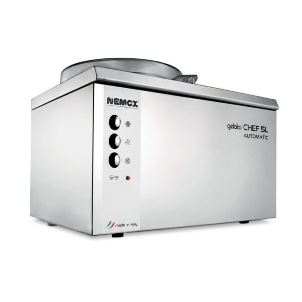 מכונת גלידה אוטומטית Nemox Gelato Chef 5L מפלדת אל-חלד, עם כפתורי בקרה ונורות חיווי בלוח הקדמי.