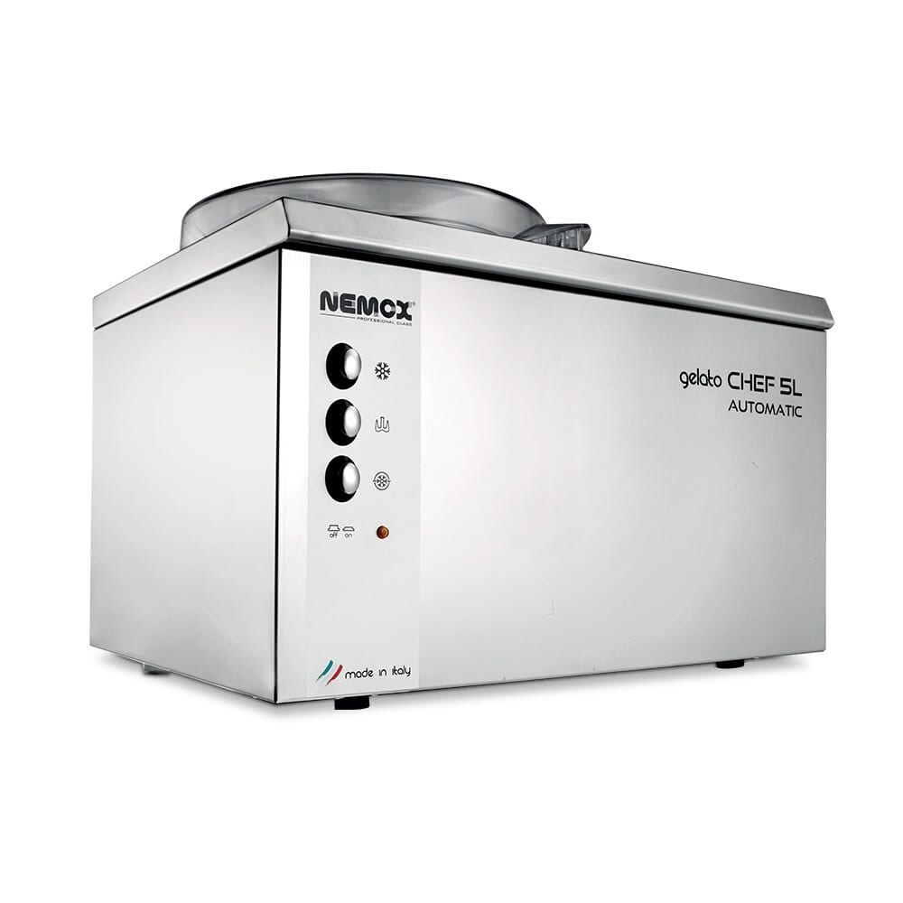מכונת גלידה אוטומטית Nemox Gelato Chef 5L מפלדת אל-חלד, עם כפתורי בקרה ונורות חיווי בלוח הקדמי. מכונת גלידה אוטומטית Nemox Gelato Chef 5L מפלדת אל-חלד, עם כפתורי בקרה ונורות חיווי בלוח הקדמי.
