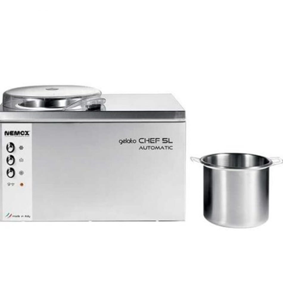 מכונת גלידה אוטומטית Silver Nemox Gelato Chef בנפח 5 ליטר, עם לוח בקרה וקערת ערבוב נשלפת מנירוסטה.
