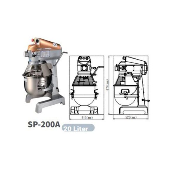 מיקסר עומד מסחרי בנפח 20 ליטר (SP-200A) עם קערה מתכתית ופקדים, המוצג לצד תרשימים טכניים קדמיים וצדדיים הכוללים מידות במילימטרים.
